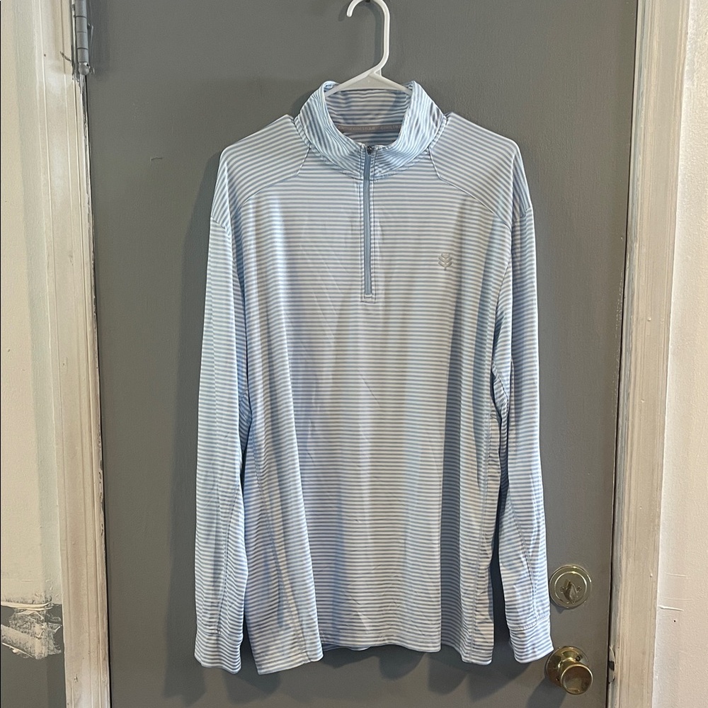 Coolibar Men's XL Blue & White‎ Striped Quarter Zip Agility Performance Pullover